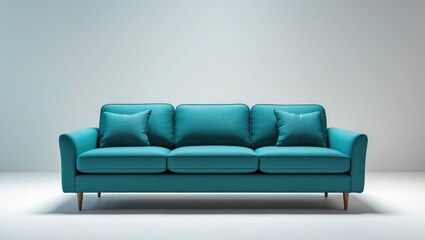 soft empty blue triple seat sofa positioned on a white isolated background, comfortable fabric couch stands alone against the white wall backdrop