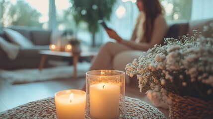 Modern cozy of living room with flowers and candles in the spa