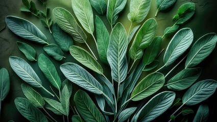Sage herb leaves texture backdrop. Closeup of fresh garden sage plant from above.