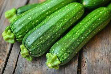 A close-up of fresh green zucchinis on a wooden surface.
