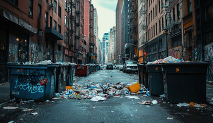 An empty street in New York City shows trash bins overflowing with garbage, creating a stark contrast against the urban backdrop