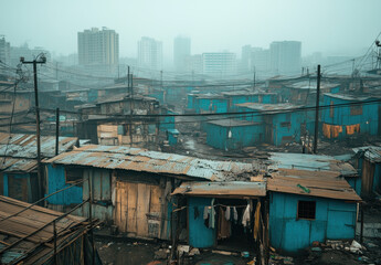 Densely packed shacks create a stark contrast against a foggy urban skyline in an Indian slum, highlighting daily life and challenges