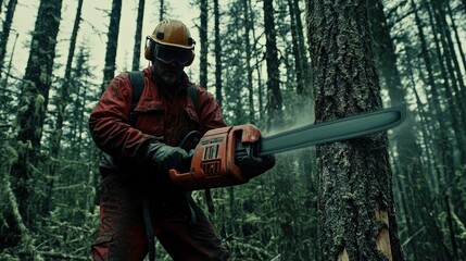 A worker in protective gear uses a chainsaw to cut down trees in a dense forest, surrounded by tall trees and misty conditions.