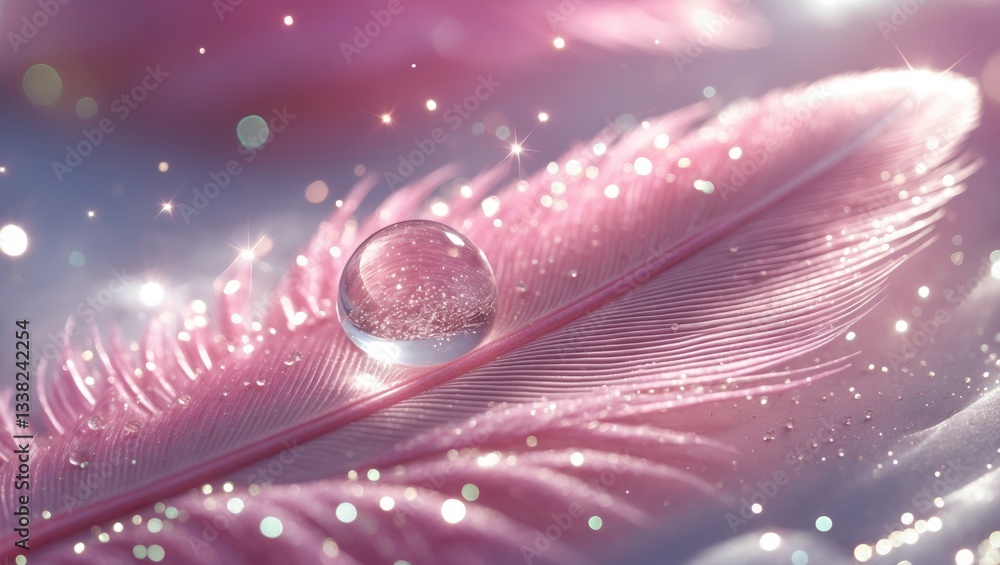 Aufkleber feather pink bird featuring sparkles and a transparent drop of dew water glimmering in bright light,