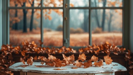 White wooden vintage table in home interior with several brown leaves on surface. Blurred background of window and autumn landscape. Available space for decoration.