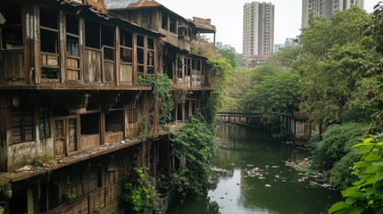 Dilapidated buildings line a narrow waterway in Mumbai's slums, illustrating the juxtaposition of urban decay and nature's persistence