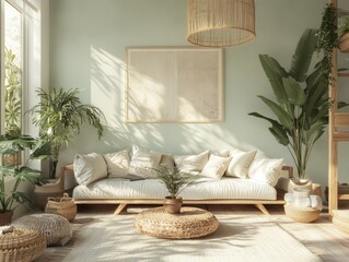 A bright and comfortable living room with many natural elements
