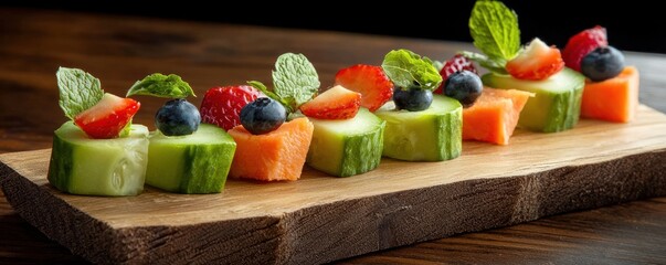 Delicious Fresh Fruit and Vegetable Canapés Arrayed on Rustic Wooden Board Elegant and Healthy Appetizer