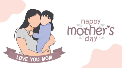 Vector illustration of cartoon little girl hugging her mother