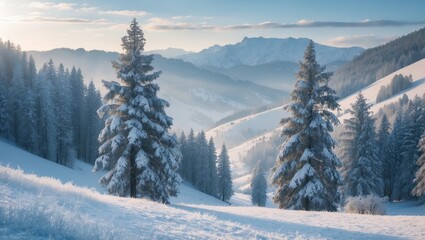 Stunning Alpine landscape in winter. Incredible frosty morning in the woods. Snow-laden pine trees beneath gentle sunlight. Remarkable mountain highland. Breathtaking winter backdrop. Amazing Scene