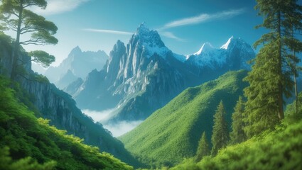 Obraz premium Mountains rose like ancient giants covered in a quilt of emerald forest, sharing secrets with the wind.