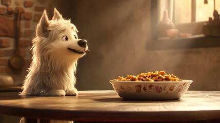 A cute fluffy puppy in a bowl, isolated, with white and fur