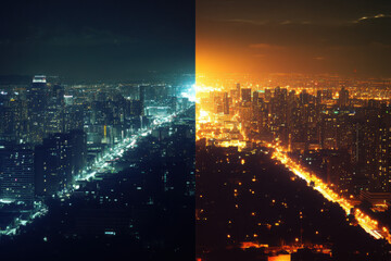 Earth Hour night city with illuminated and darkened skyline halves