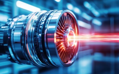 Obraz premium Futuristic space propulsion system, ultra-detailed components, glowing high-energy plasma core, cyberpunk industrial environment, ultra-HD rendering