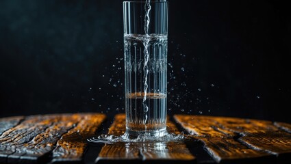 Water is being poured into a glass. The glass is placed on a wooden table against a black background.