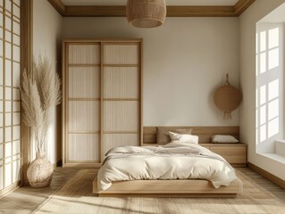 Fototapeta premium Interior depiction of a modern zen bedroom with natural light