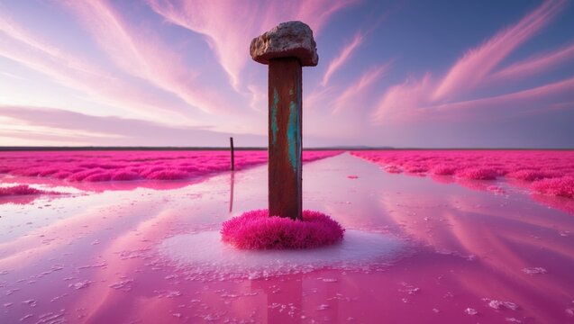 View of pink lake featuring Dunaliella Salina algae. Salt on oxidized iron pillar.