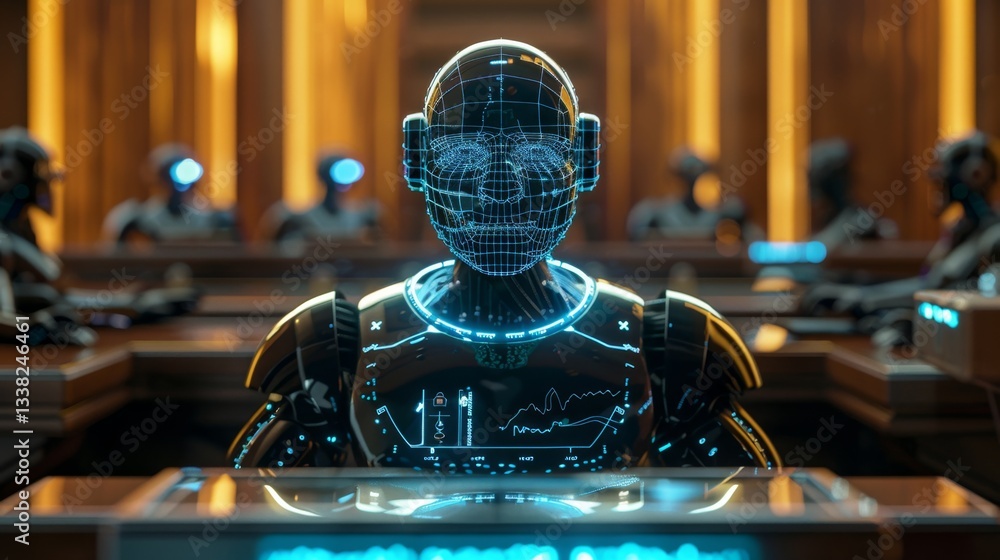 Poster digital trial with ai hologram as judge in virtual courtroom setting