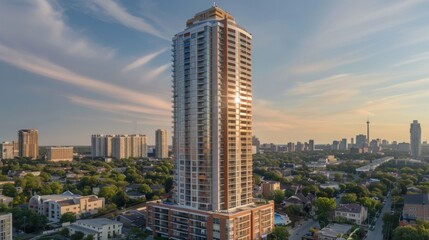 Fototapeta premium A high rise building with architectural features and city backdrop. stock photo --ar 16:9 --style raw --v 6 Job ID: 6d35ae26-0ed3-4338-ac84-d7d7b4c1d470