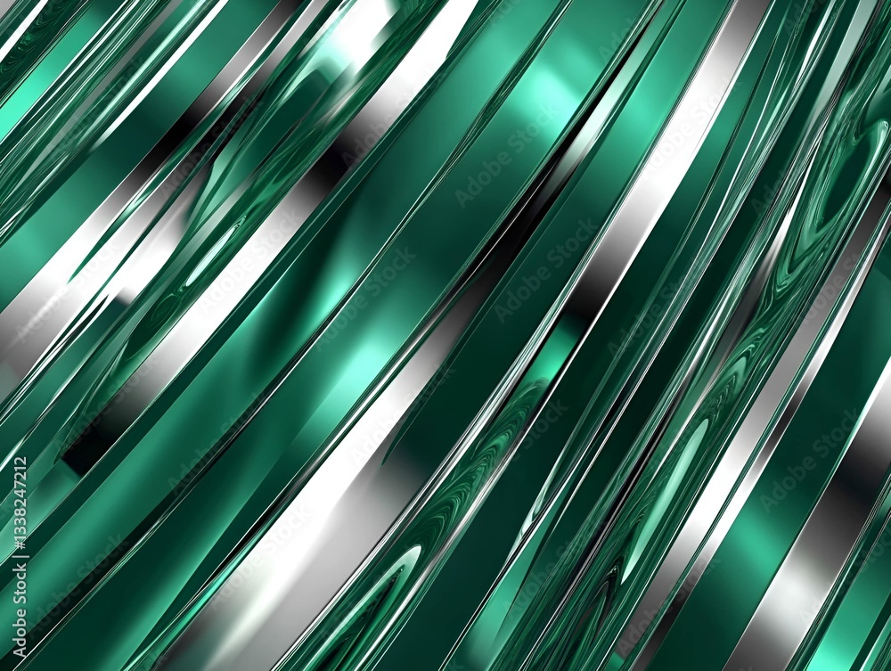 Poster abstract metallic waves in green and silver tones with reflective, flowing curves creating a futuris