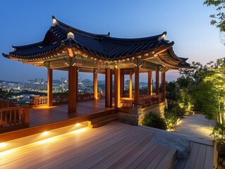Fototapeta premium Traditional Asian pavilion overlooks a city skyline at dusk