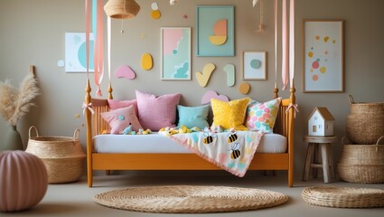 Stylish arrangement of a cozy child's room interior featuring a wooden bed, toys, and hanging decorations. Creative wall. Space for text. Template.