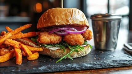 Appetizing Gourmet Burger Display with Crispy Fried Chicken Sweet Potato Fries and Red Onion Rings on Dark Background