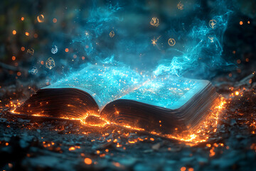 A mystical tome radiates vibrant energy, its pages adorned with floating symbols, enveloped in swirling, luminous smoke, a captivating portal to arcane knowledge.