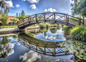 Fototapeta premium Serene Pond Bridge: Picturesque Walking & Cycling Path Crossing