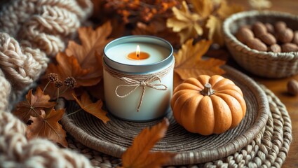 Cozy autumn scene featuring a scented candle amidst warm autumn decor, including dried leaves, a knitted blanket, and seasonal elements.