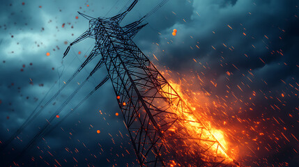 Electric pole with fire in the forest and sky, in a dark, fantasy landscape