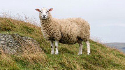 Fototapeta premium Sheep Standing on Grass Hill with Rocky Background in Nature