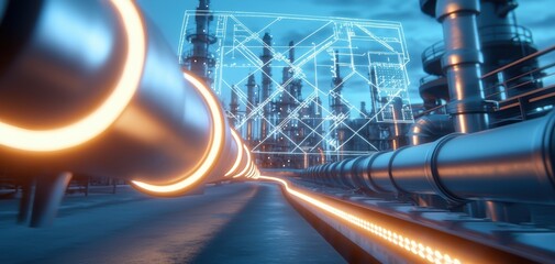 Holographic overlay of a refinery s piping system, neon-glowing blueprints fusing with real-world metal structures, ultra-futuristic industrial visualization