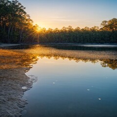 Fototapeta premium A stunning autumn forest with a canopy of red, orange, and yellow leaves, and a carpet of fallen leaves covering the forest floor. Generative AI