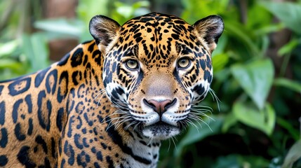 Obraz premium Majestic Jaguar Portrait Captured in Lush Green Environment