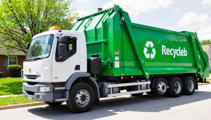 Recycling truck collecting waste on residential street, environmental care