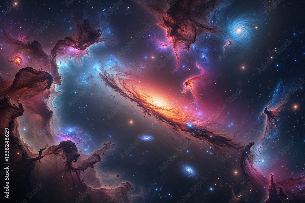Poster exploring the colorful nebulae and galaxies of deep space