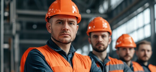 Factory team posing for a group photo, industrial setting with steel structures and conveyor belts, diverse employees with technical expertise, realistic lighting