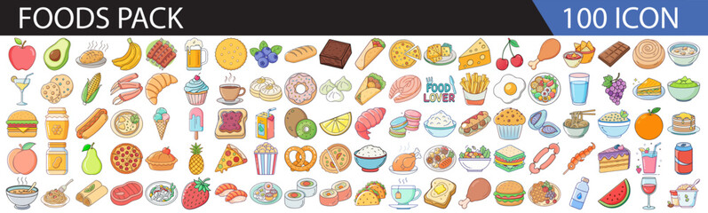 Foods Icon Set – 100 Colorful Flat Design Food Icons for Menu, Restaurant, Cooking, and Nutrition Projects-A fun and colorful collection of 100 flat design food icons, perfect for menus, restaurants, 