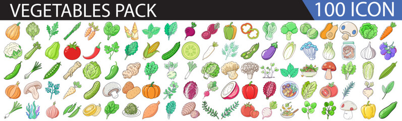 Vegetables Icon Set – 100 Colorful Flat Design Icons of Fresh Vegetables for Organic, Nutrition, and Food Projects-A bright and colorful collection of 100 flat design vegetable icons, perfect for food