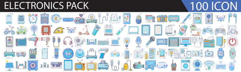 Electronics Icon Set – 100 Colorful Flat Design Tech and Gadget Icons for Technology, Devices, and Digital Projects-A modern and colorful collection of 100 flat design electronics icons,