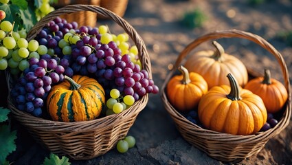 Vibrant assortment of grapes and pumpkins in baskets represent harvest season, highlighting abundance and gratitude.