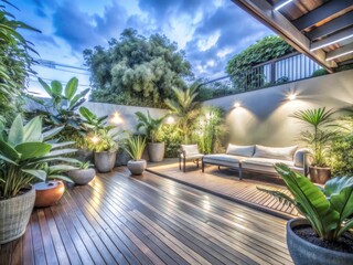 Fototapeta premium Serene Tropical Night Lounge: Wooden Deck, Warm Lighting, Outdoor Relaxation