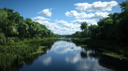 Obraz premium Serene Tropical River Surrounded by Lush Greenery and Sky