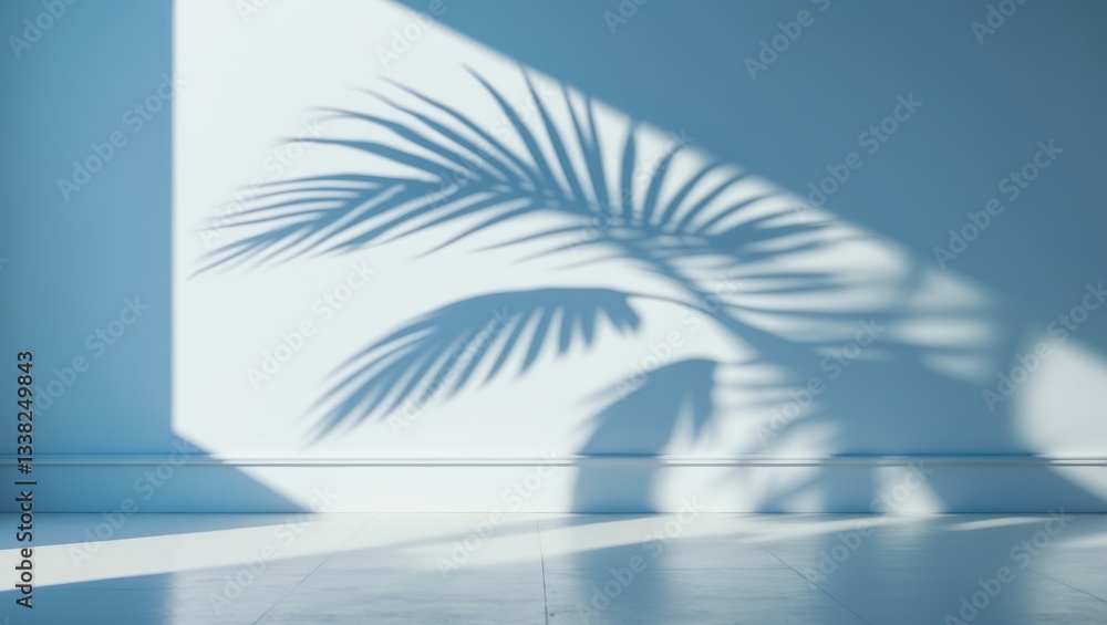 Poster blurred shadow of palm leaves on a light blue wall. minimal abstract background suitable for product