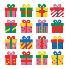 Set of Christmas gifts, New Year presents, gift boxes with ribbons, vector illustration in flat style, Colorful present boxes with bright ribbons and bows, modern packing, decorative stylish wrap flat