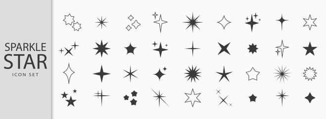 Collection of vector sparkling stars icon, decorative twinkle and bursts forms, abstract shining flash symbols, glowing light effect, y2k style basic black shapes geometric graphic elements