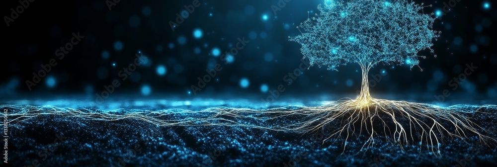 Poster glowing digital tree with data connection network and illuminated roots, technology concept