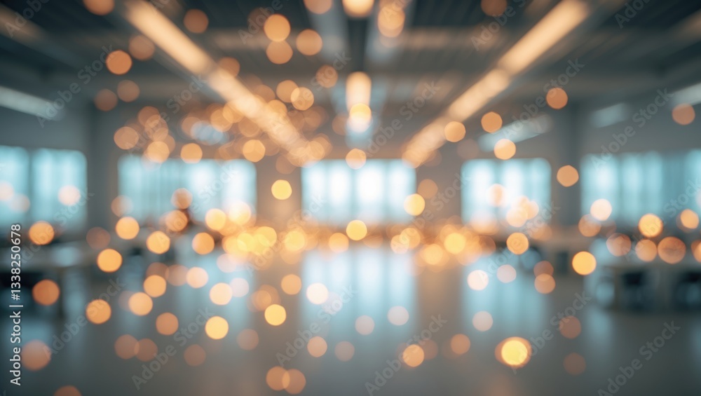 Poster blurred vacant open space office. abstract light bokeh in the interior backdrop.