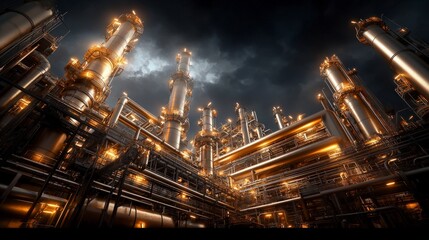 Fototapeta premium Industrial Refinery Twilight Oil Plant Pipes Tanks Energy Power Generation
